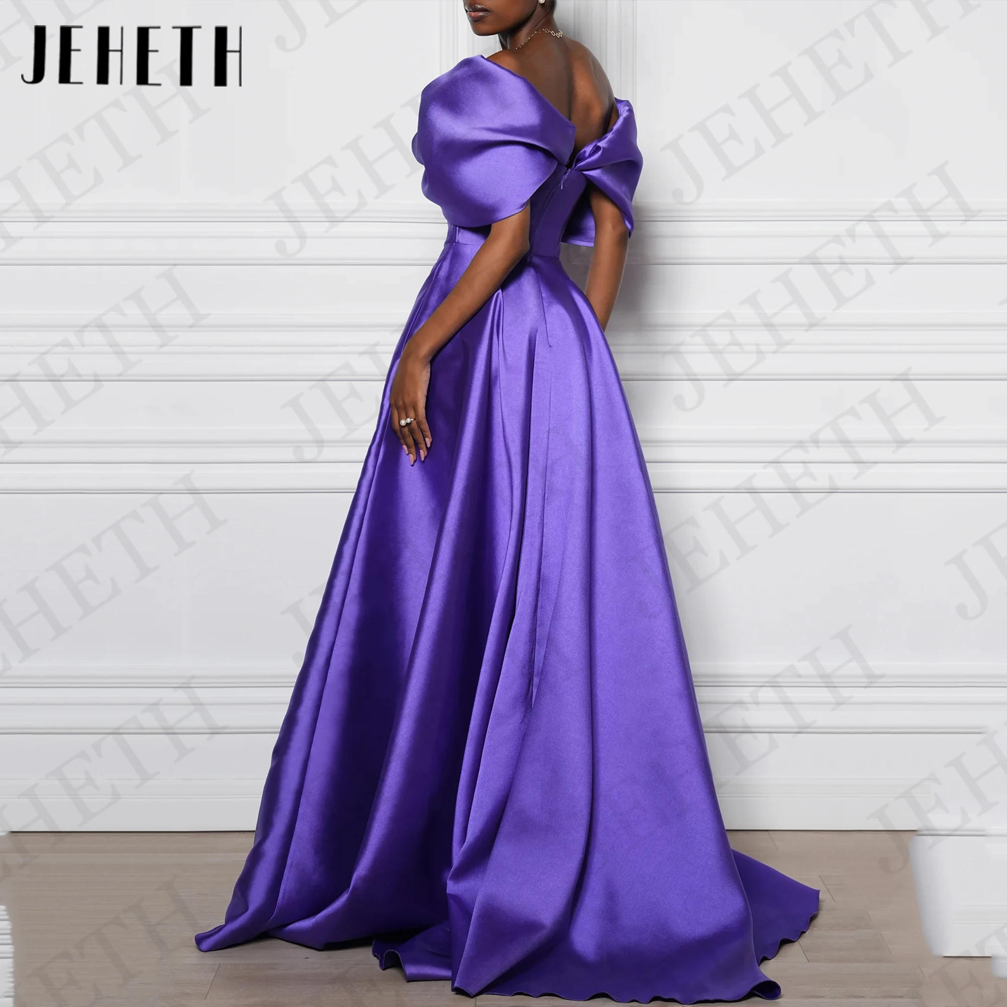 JEHETH Modest Off The Shoulder Prom Dress Purple A Line Satin V Neck Graduation Dresses Woman Party فساتين سهرة سعودي Pleat 2024