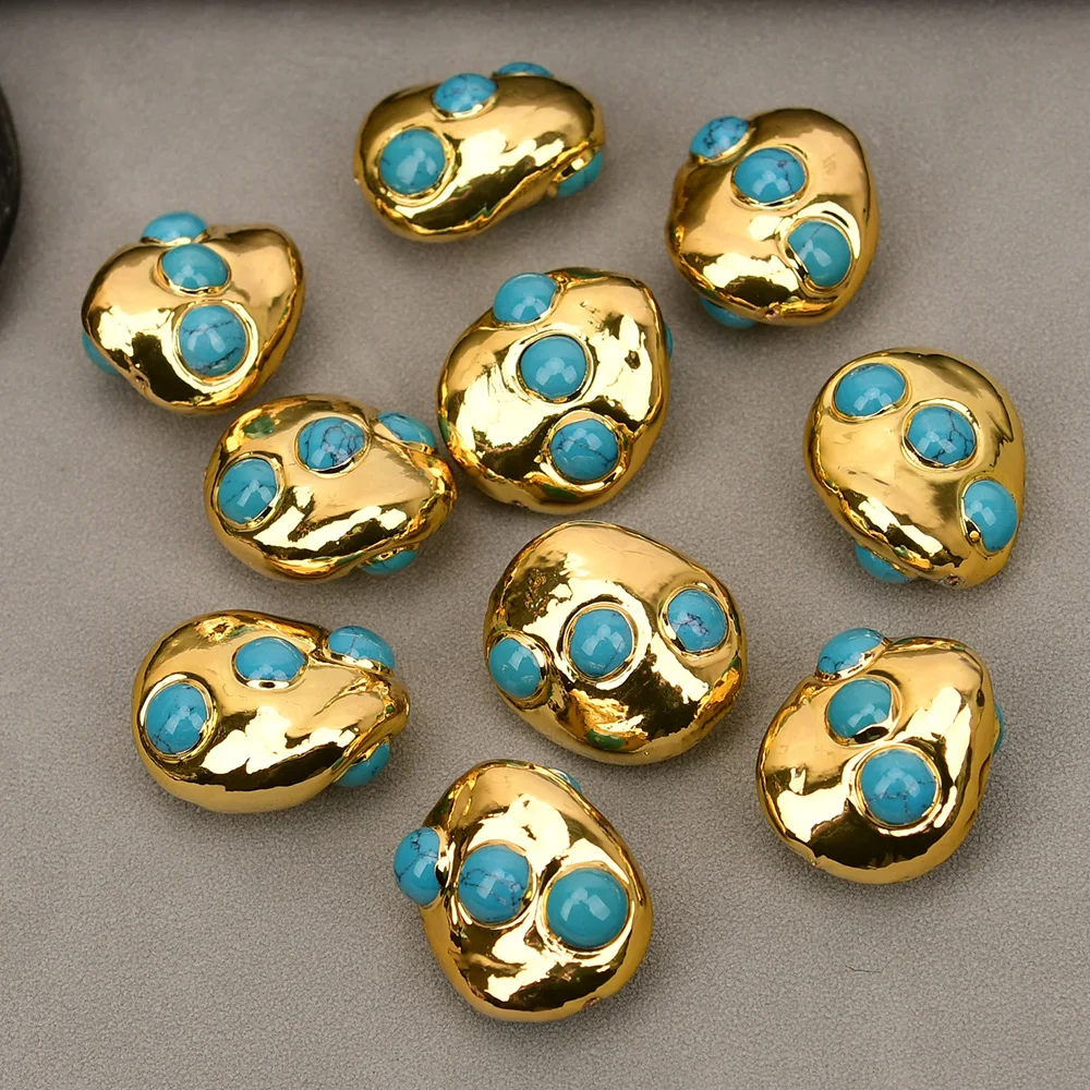 APDGG 10 Pcs Natural Stone Blue Turquoise Twisted Type Gold Edged Spacer Beads Jewelry Making DIY