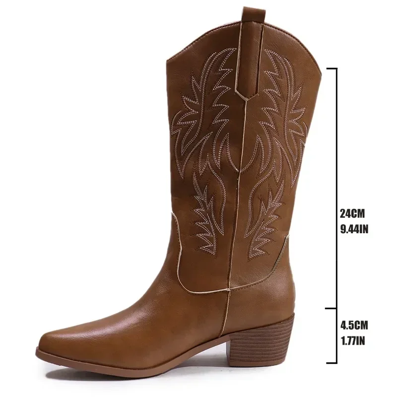 

Женские сапоги до середины икры, новинка 2025, осенне-зимняя обувь, женские модные ботинки на массивном каблуке, винтажные сапоги на высоком каблуке в стиле вестерн для девочек