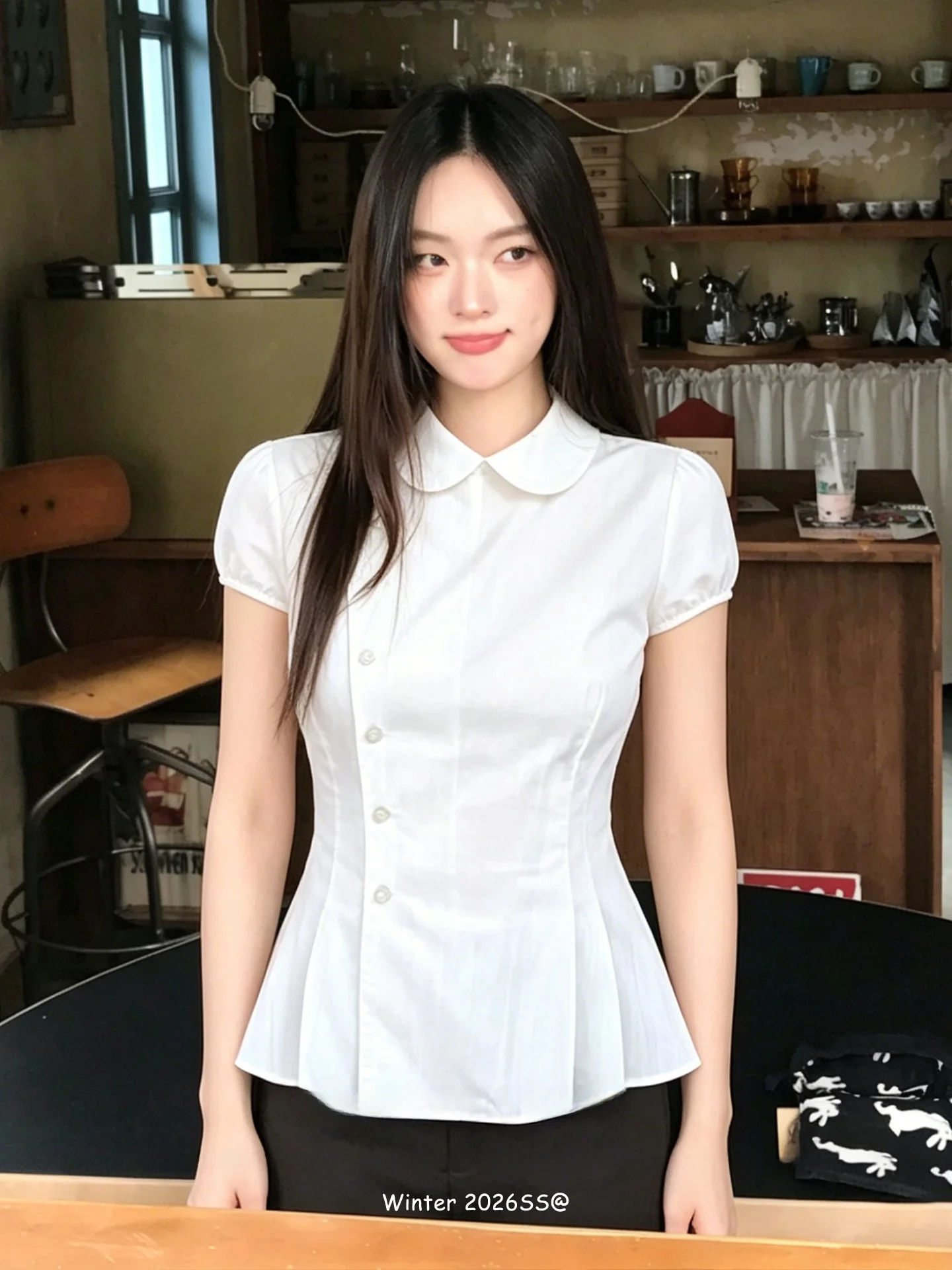 

White Puff-Sleeve Shirt Women's Summer Fashion Pleated Design Slimming Short Sleeve Waist-Cinched Doll Collar Top