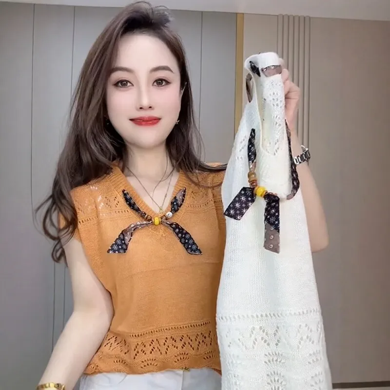 

Fashionable Large Size V-Neck Knitted Top Women's Summer High-End Feeling Hollow out Short Sleeve Knot Casual Style