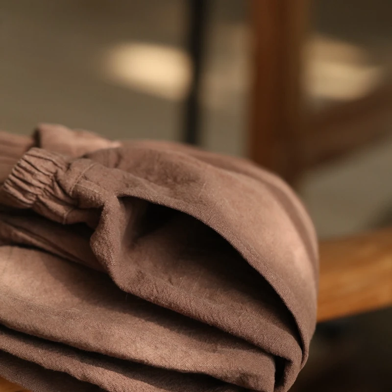 

Широкие брюки из хлопка и льна с эластичным поясом, многослойный крой, длинные повседневные брюки, оригинальный стиль, весенняя коллекция