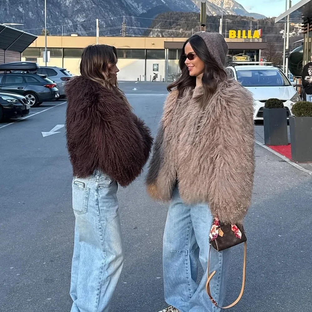 MENINA سترة فرو الأغنام المنغولية للنساء لخريف وشتاء 2025 ملابس علوية موضة سميكة ودافئة معطف فرو حقيقي بأكمام طويلة للسيدات