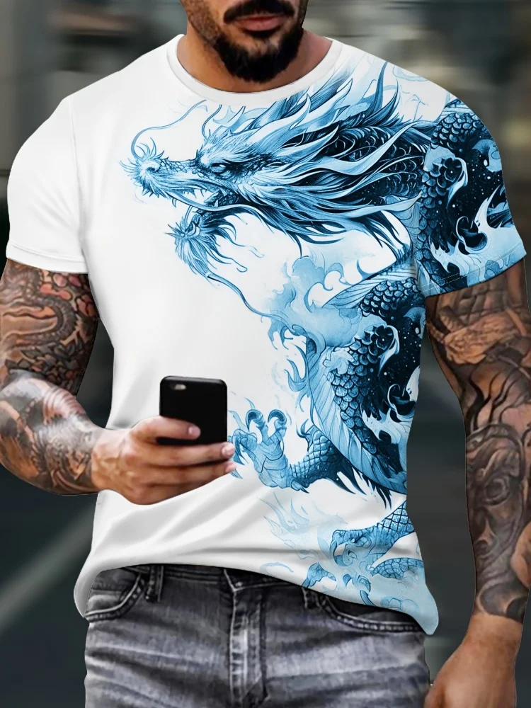3D Dragon Print Men\'s T-Shirts Casual O Neck Pullover Street Outdoor Short Sleeve Tops Tee Outdoor Sportshirt Oversized Clothing