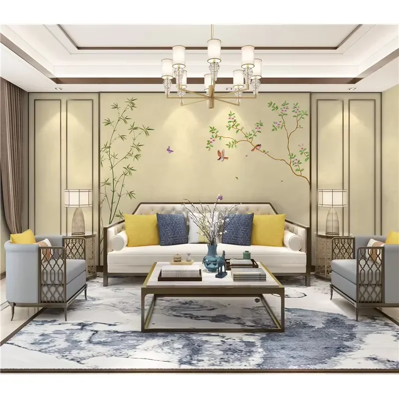 Custom Embroidered Seamless Wall Cloth Waterproof Flower Bird Background Fabric Green Wallpaper for Living Room Porch TV Wall