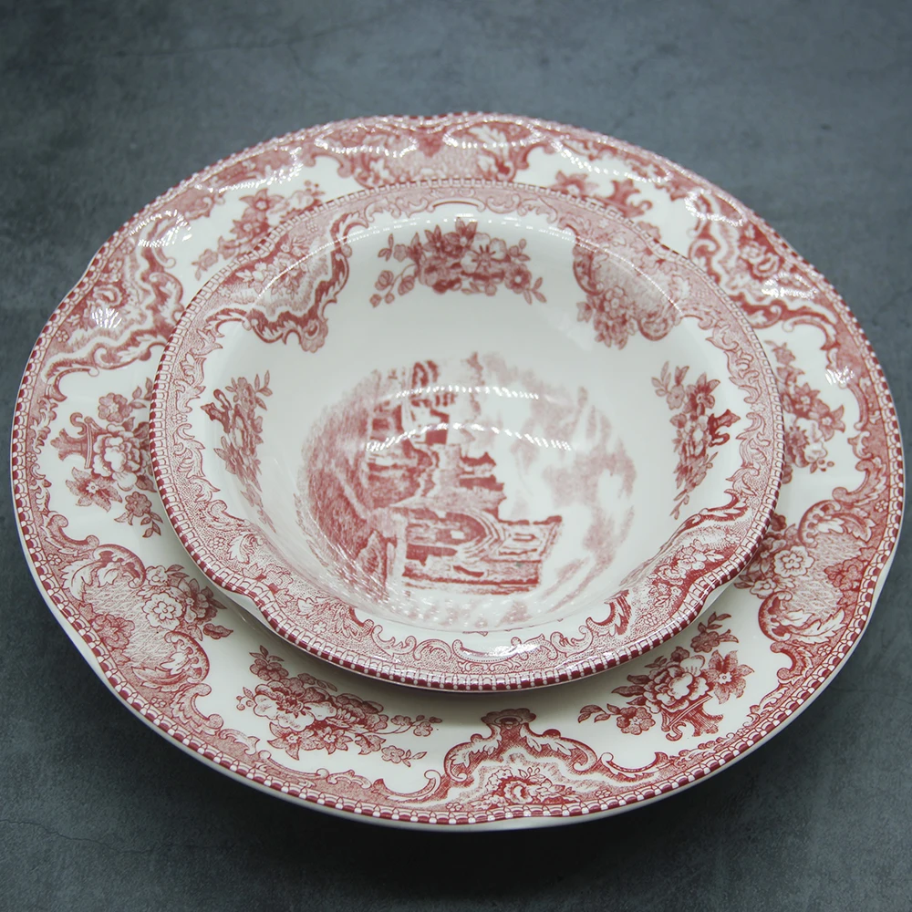 The Old Britain Castles Pink Dinner Set European Style Dinner Ware Ceramic Breakfast Plates Beef Dishes Dessert Dish Soup Bowl