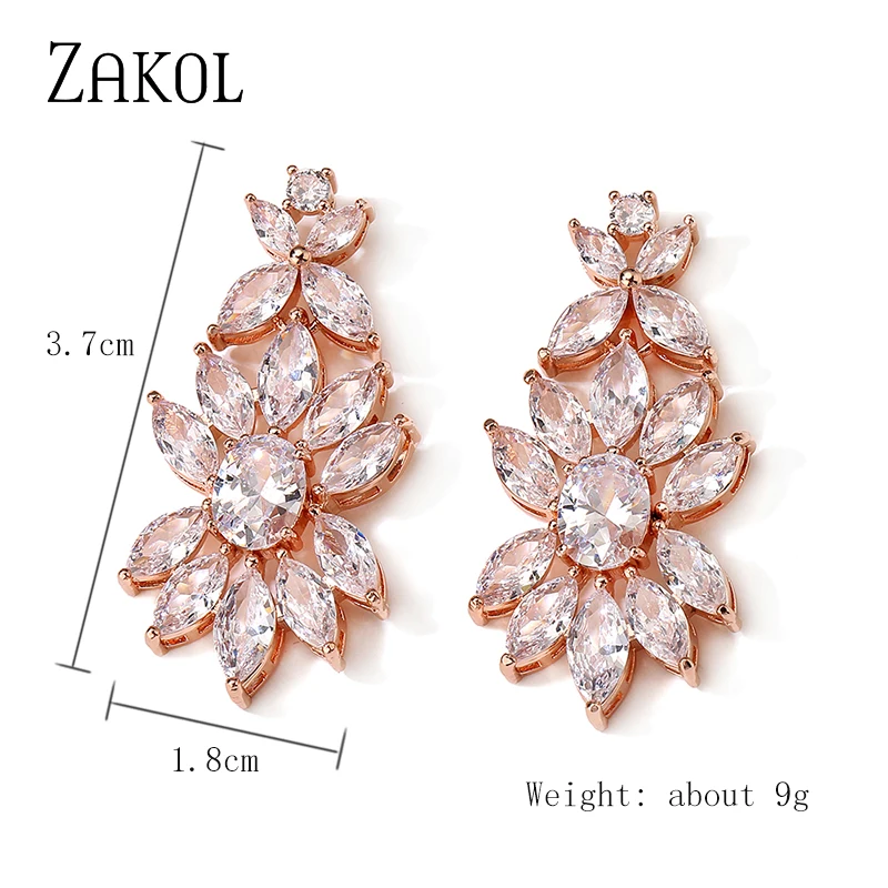 ZAKOL Luxury Rose Gold Color Leaf Dangle Earrings for Women Shinny Cubic Zirconia Bridal Earring Wedding Party Jewelry