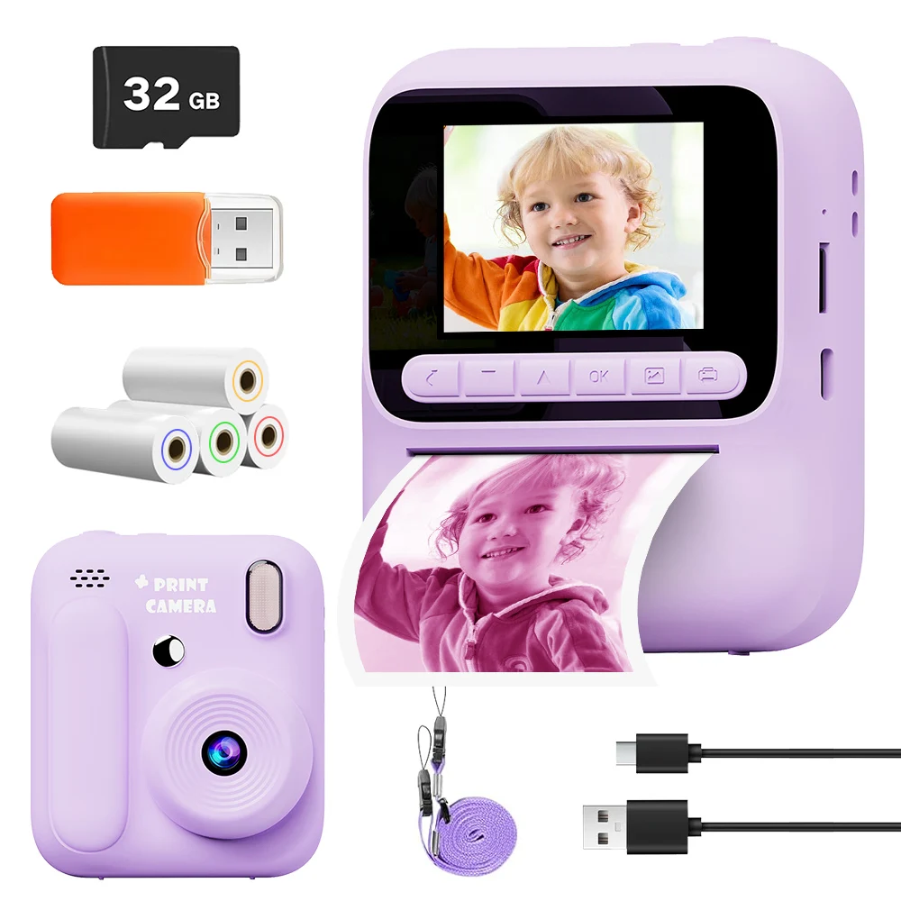 New Kids Instant Digital Camera 2.4 Inch IPS Screen 8X Zoom Mini Single Color Print Camera For Kids 3-12 Years Birthday Gifts