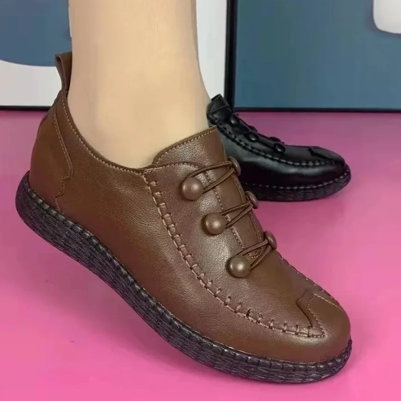 2023 Nieuwe Moeder Mode Kunstleren Platte Schoenen Handgemaakte Lage Hakken Vrouwen Antislip Loafers Vrouw Flats Damesschoenen