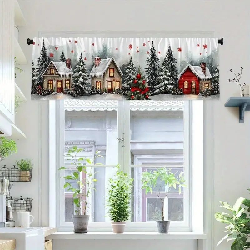 VIKAMA Grey Snowy Village Red Cottage Pine Wreath Christmas Short Window Curtain Rustic Winter Classic Festive Home Decor Lovely