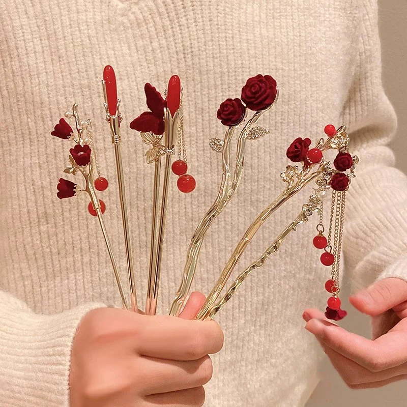 

1pc Red Rose Tassel Hair Sticks Women Antique Pearl Hairpin Female Hair Fork Pan Hair Chopsticks Headdress Valentine's Day Gift