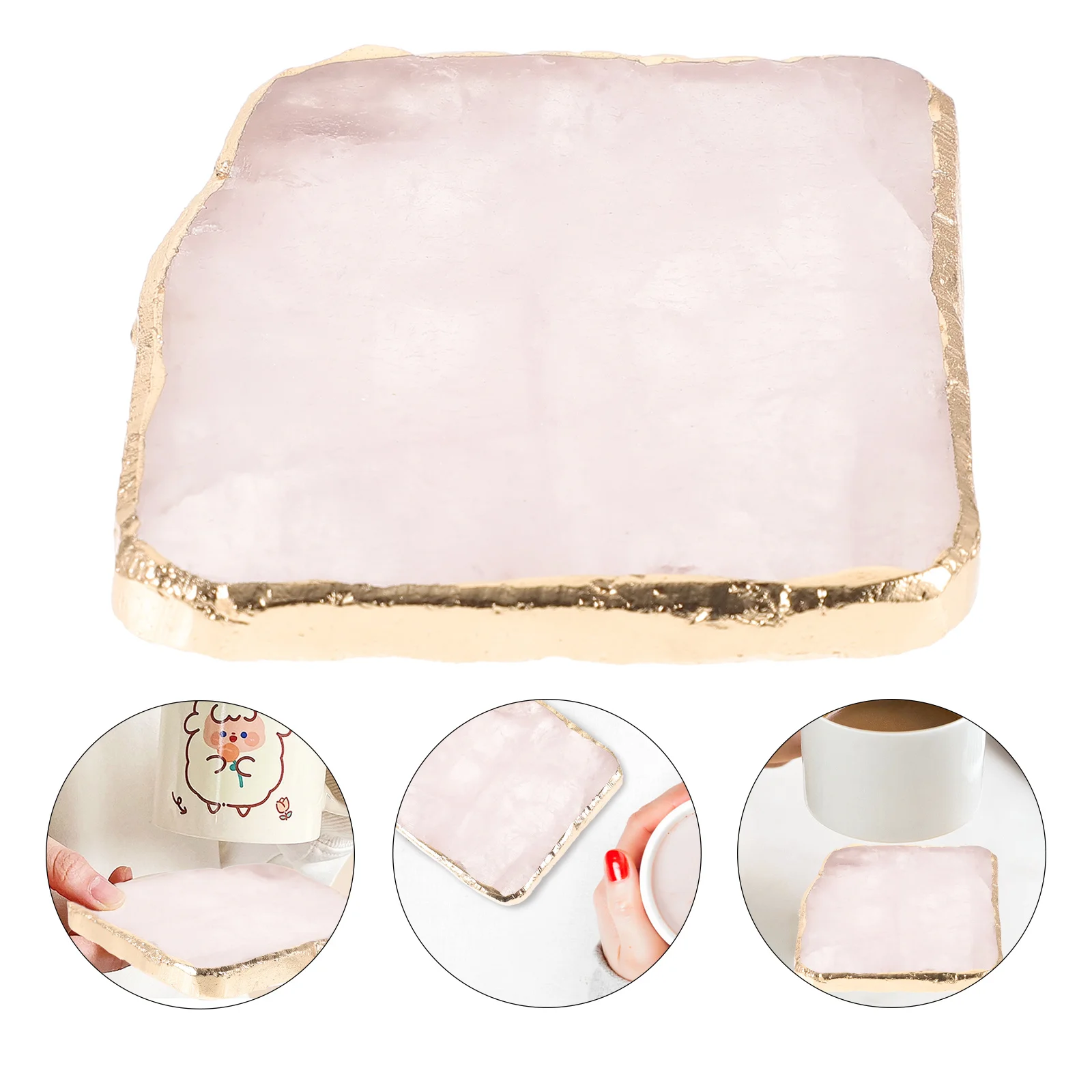 

Coffee Decor Table Rose Quartz Desk Accessories Agate Coaster Gold Rim