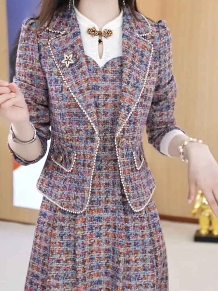 2025 Autumn/Winter New Small Fragrant Style Coat Slim and Fashionable Dress Elegant Color Blocking Two piece Set