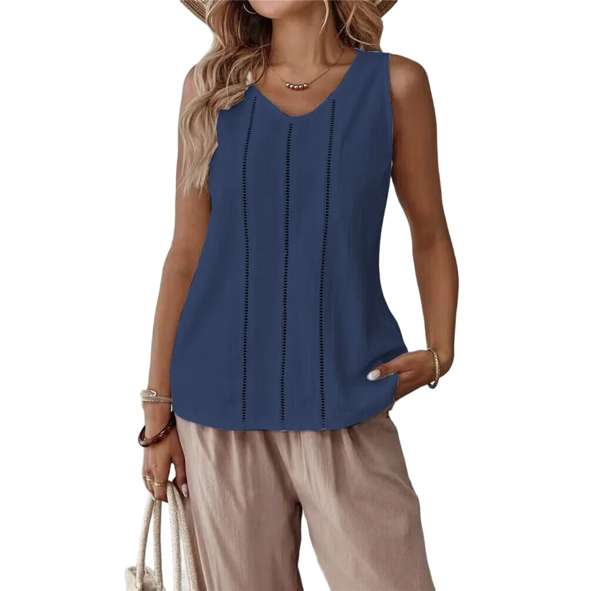 

Linen Tank Tops for Women Summer Casual Loose V Neck Sleeveless Shirts Blouses Tunic Tops Dark Blue XXL