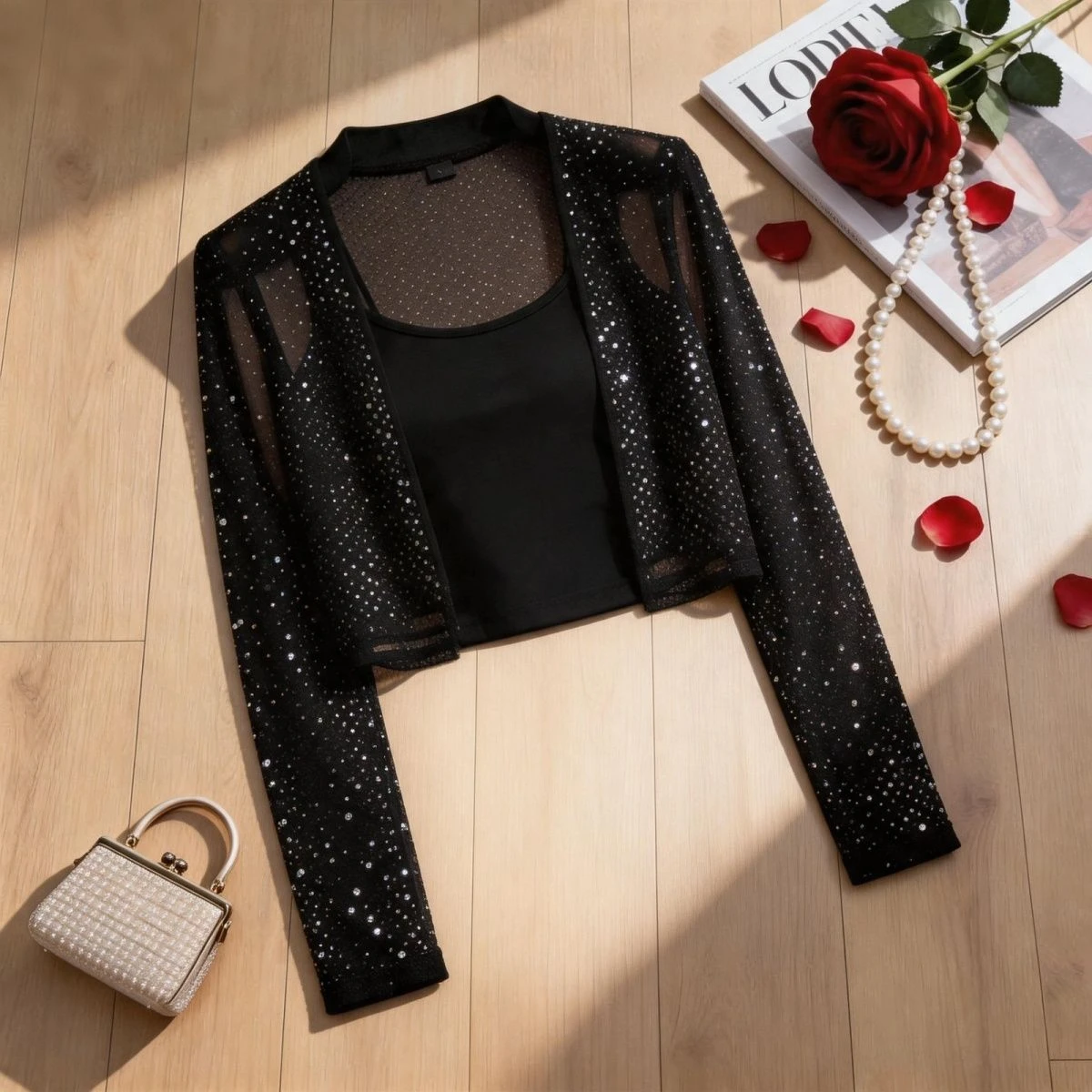 Summer New Style Women's Short Lightweight Breathable Fashion Outerwear Diamond Embellished Mesh Cardigan Casual Style