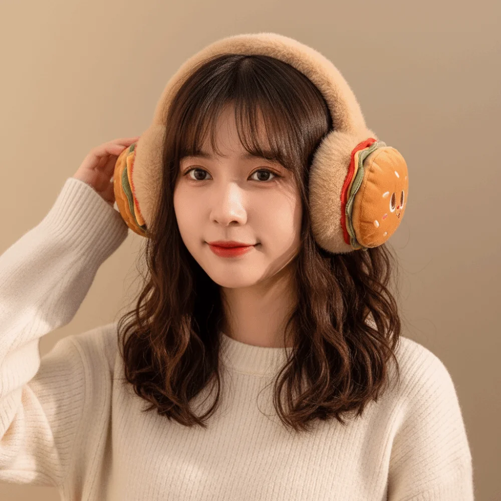 

Теплые мягкие грелки для ушей в виде гамбургера, утолщенные ветрозащитные плюшевые забавные чехлы для ушей, складные плюшевые наушники для защиты от холода, студенческие наушники