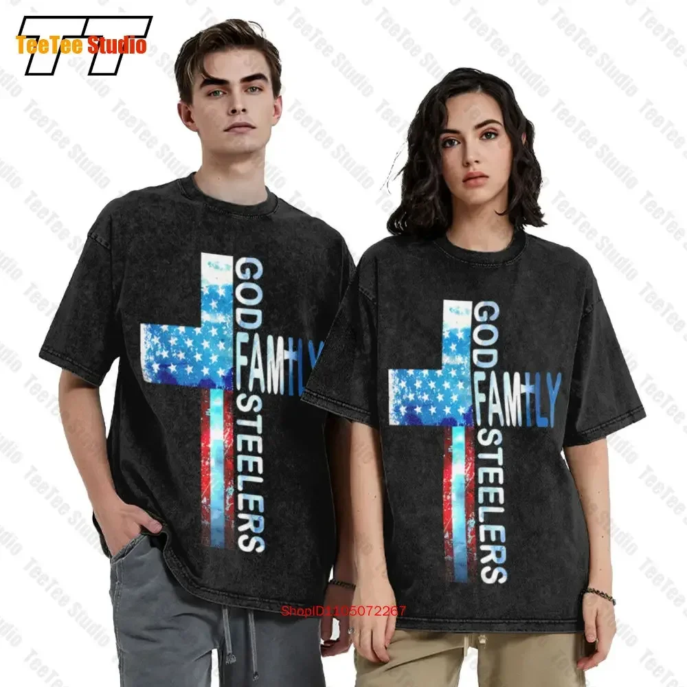 God Family Steeler Faith Cross American Flag Tee Vintage Oversized T-Shirt 735C