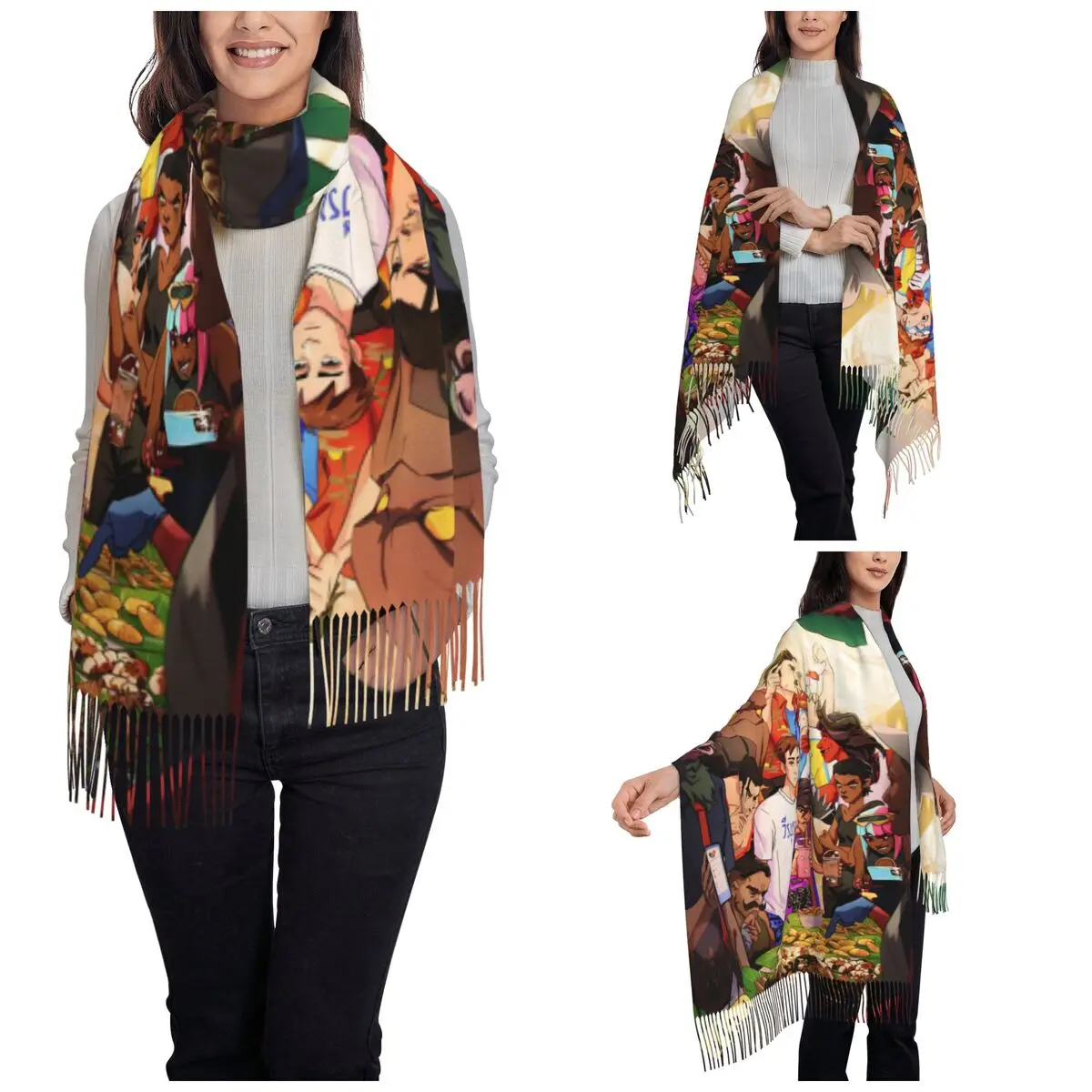 Womens Scarf with Tassel Dispatch Game Large Super Soft Shawl Wrap Robert Character Collage Daily Wear Pashmina Scarves