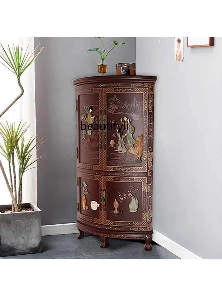 New Chinese Style Bone Stone Inlaid Corner Cabinet Character Side Cabinet Vintage Storage Locker storage cabinet  furniture