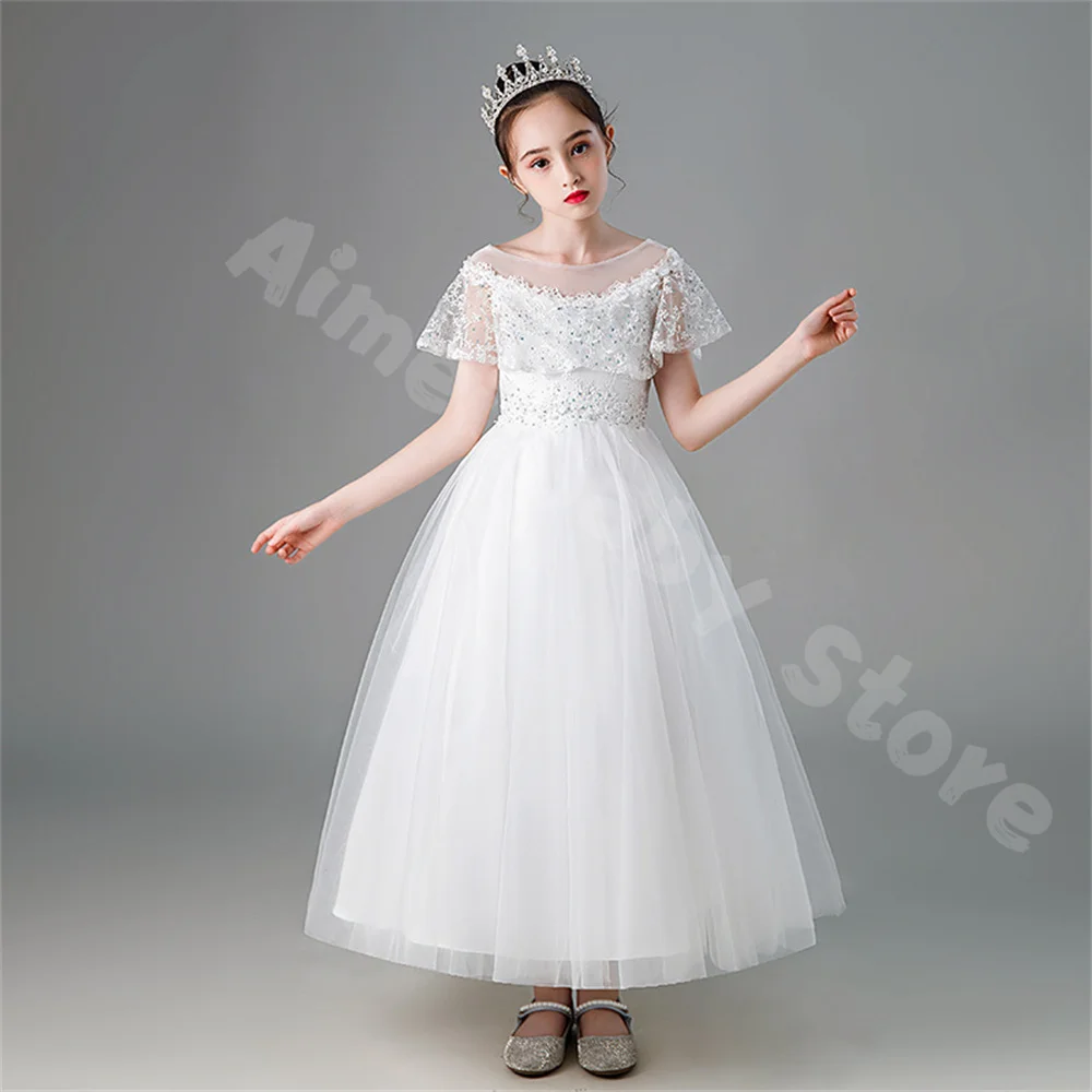 Elegent Mesh Glitter Rhinestone Dress Girl Round Neck Back Zipper Ball Gown Princess Dress Children's Wedding Long Dress