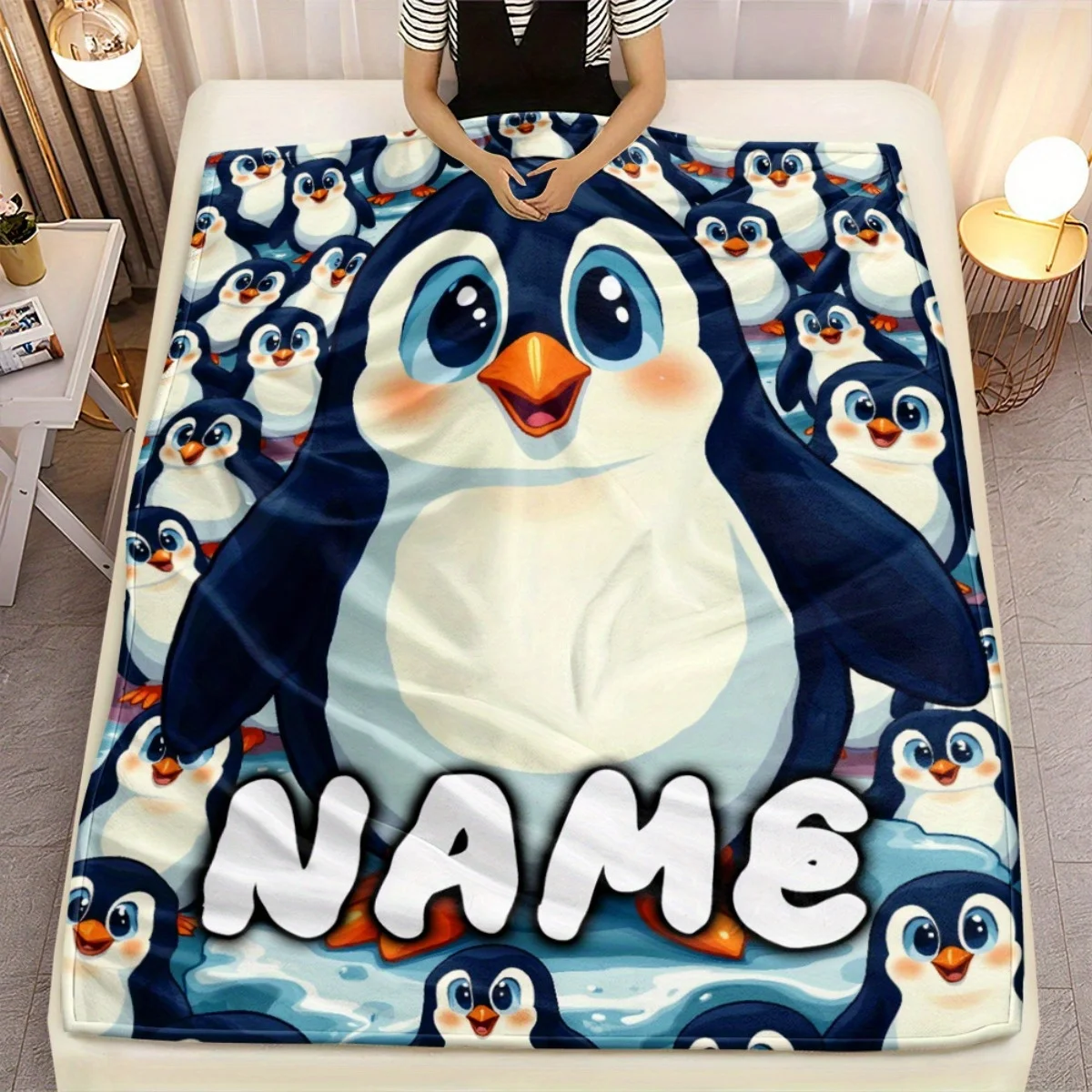 1 piece customized penguin patterned lightweight flannel blanket, suitable for sofas, outdoor camping, living rooms, offices