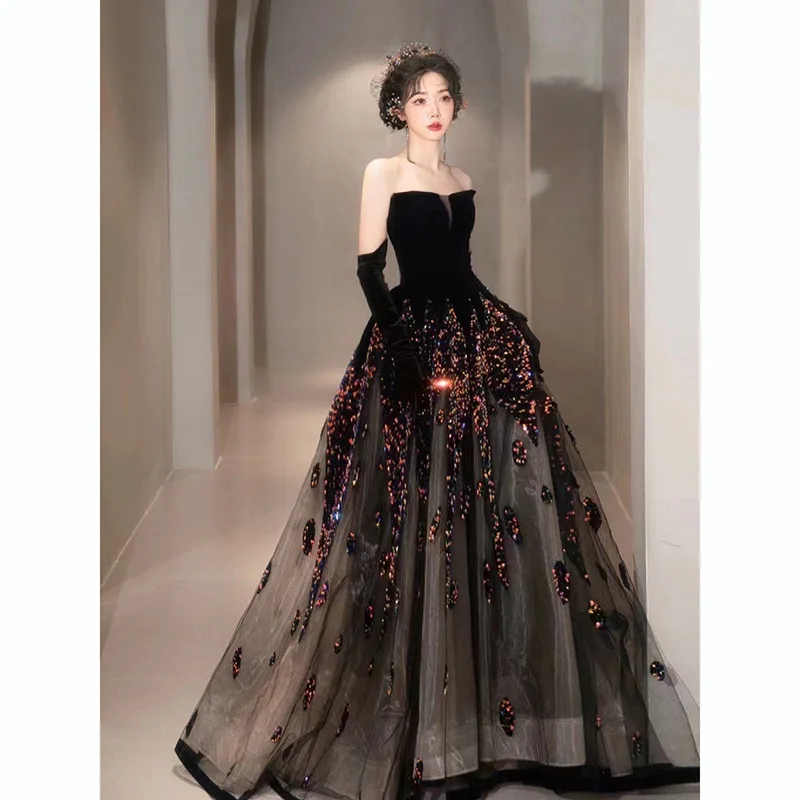 

Elegant Black Princess Style Evening Party Dress for Women Strapless Luxury Sequins Ball Gown Sleeveless Banquet Formal Dress