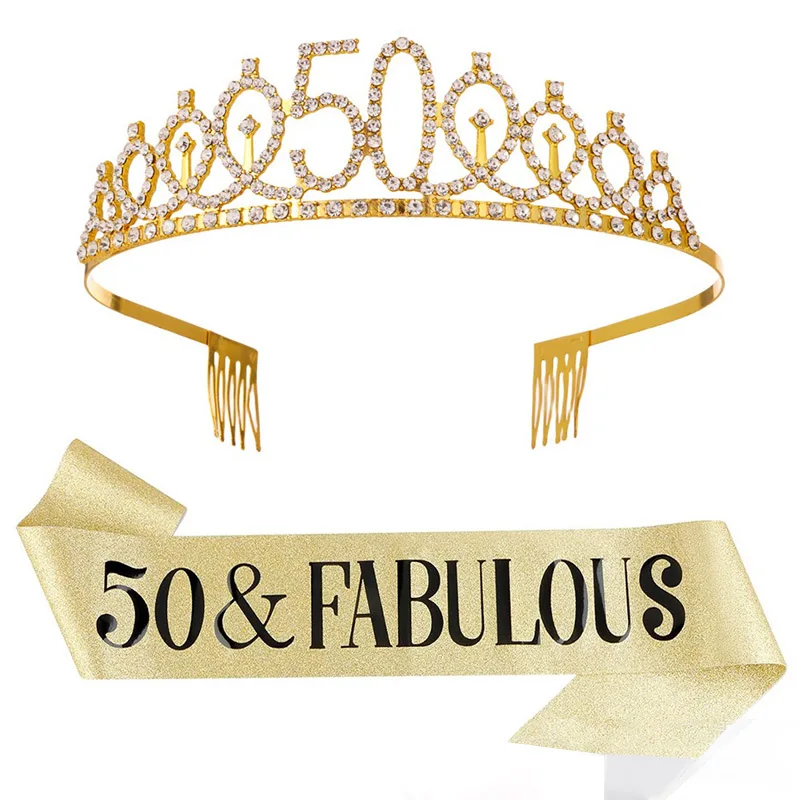 30- 50th  Birthday Anniversary Decoration Happy Women Glitter Crystal Crown Sash Set Birthday Satin Sash Party Supplies PDZS002