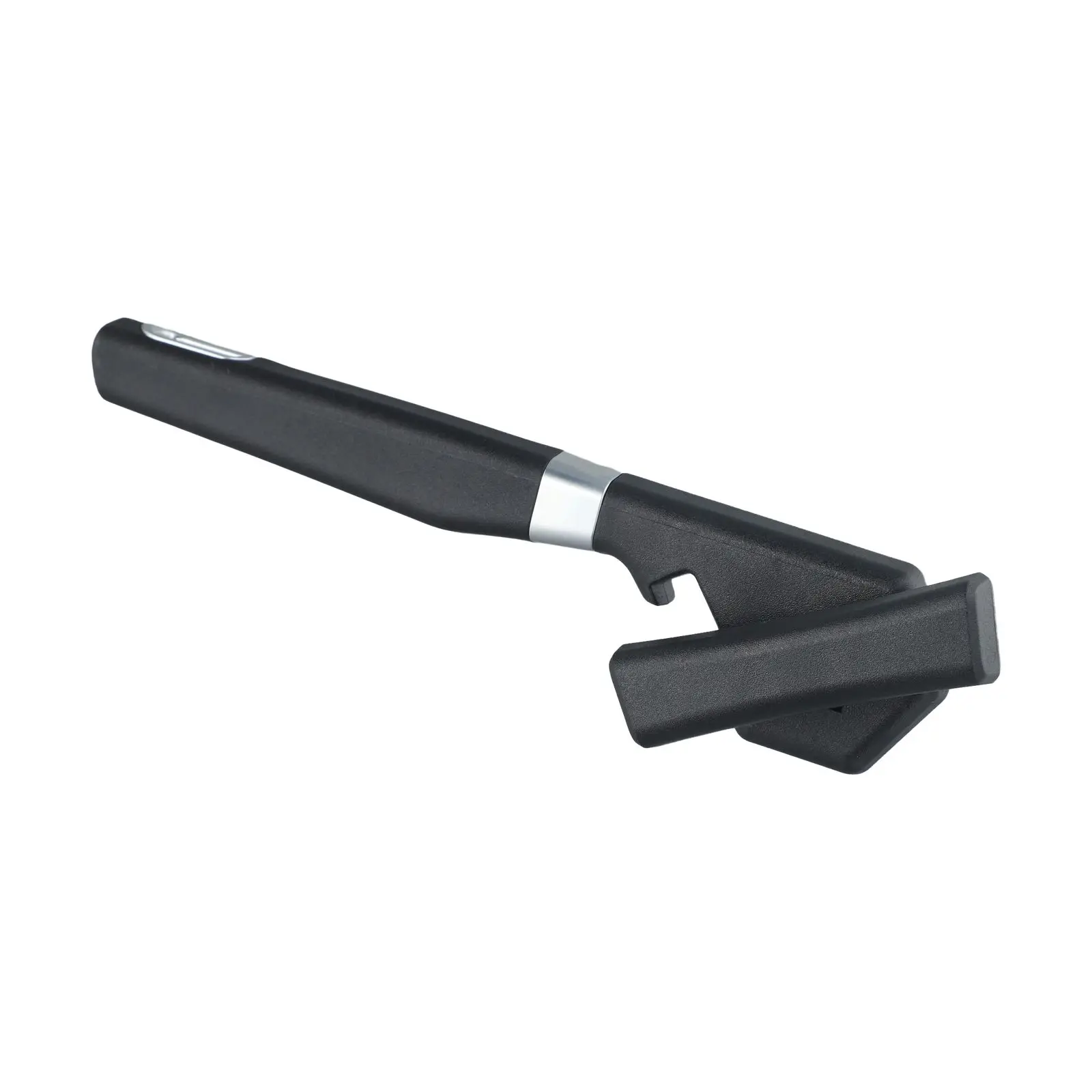A lightweight manual can opener for camping or home use featuring an ergonomic handle designed to reduce hand fatigue