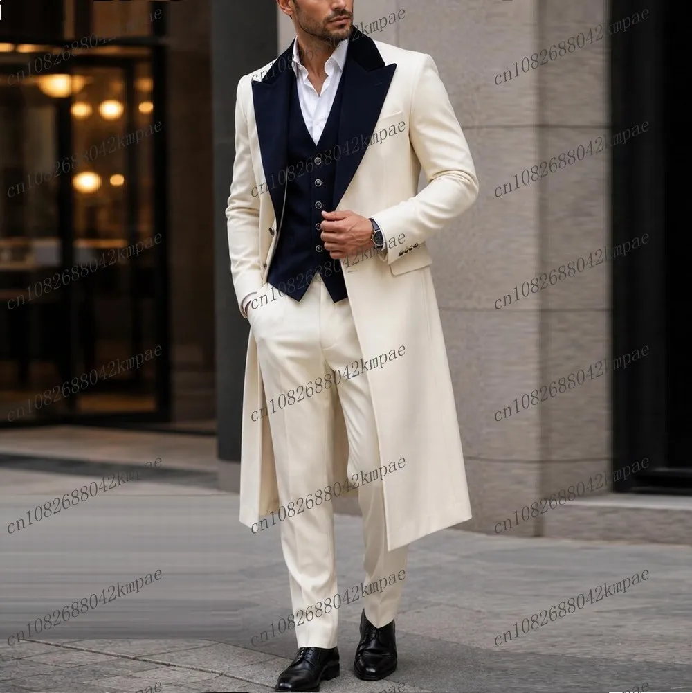 

Navy Blue And White Long Blazer Formal Men Suit Wedding Party Groom Prom Business Male Tuxedos 3 Piece Set Jacket Vest Pants