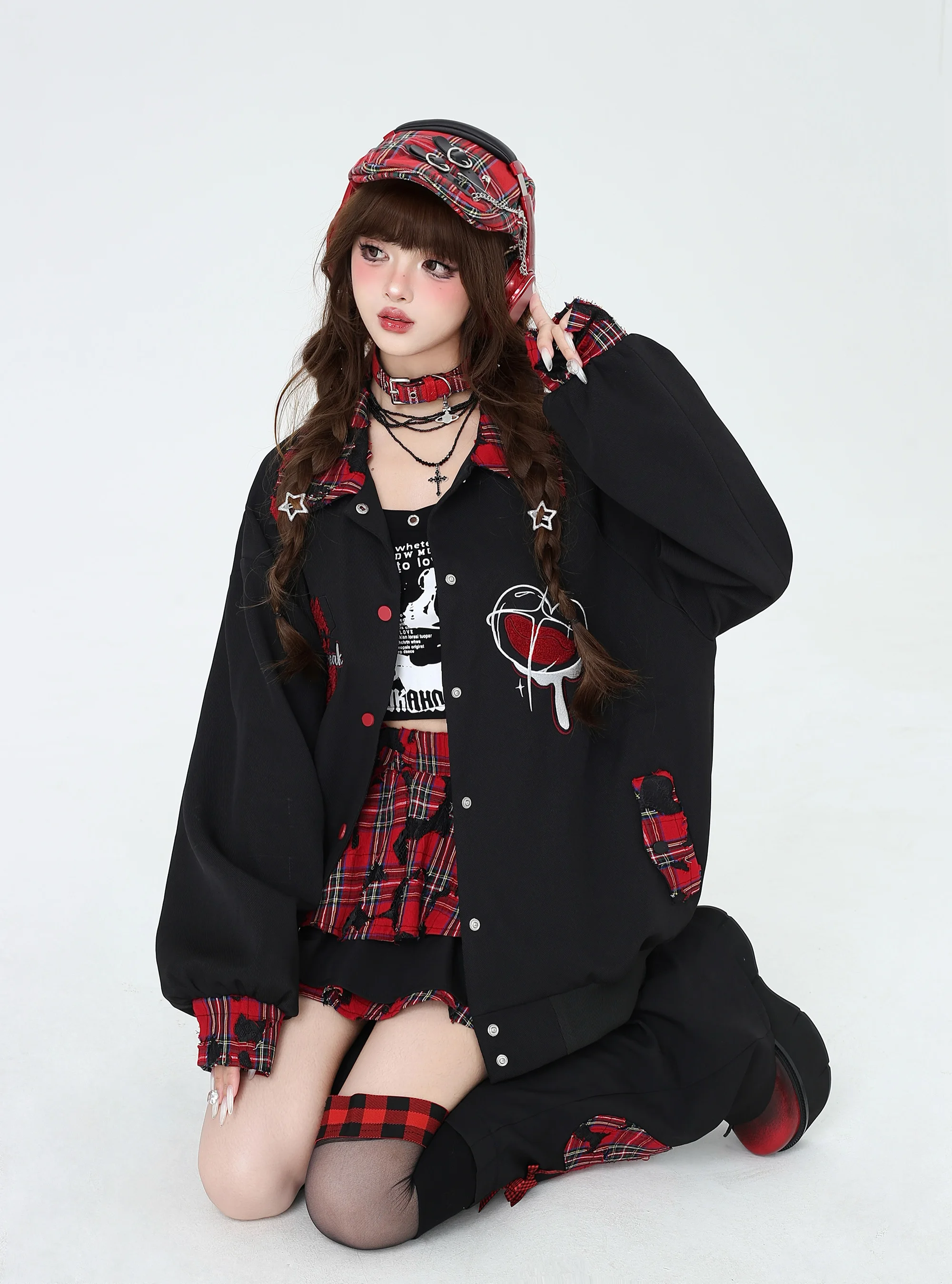 Subculture Black and Purple Embroidered Patchwork Color-Block Heart Baseball Jacket for Women PU Leather Long Sleeve Jackets