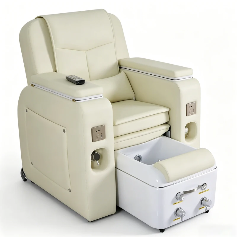 2026 New Luxury Beige Pedicure Spa Chair with Remote & Power Outlet, Mobile Massage Recliner for High-End Nail Salons