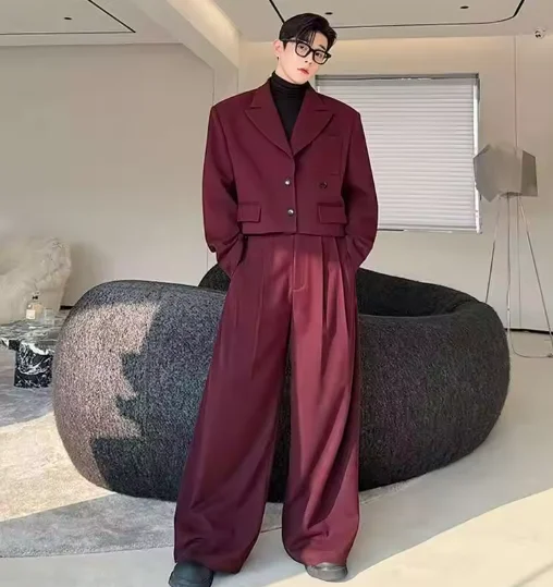

Men's Two-piece Lapel Niche Design Solid Color Single Breasted Blazer Pleated Straight Wide Leg Male Suit Pants New