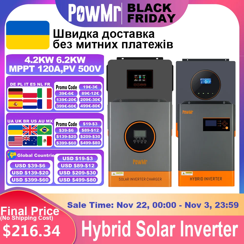 PowMr 6.2KW 4.2KW 6.5KW 4.5KW Off-Grid Hybrid Solar Inverter 48V 24V to 230VAC MPPT 120A 130A 150A Charger Low Start PV 55/60VDC