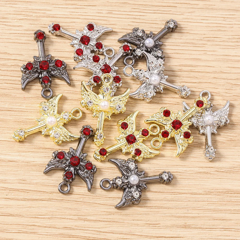 Tusember 5pcs Gothic Crystal Wing Cross Charms Pendant for DIY Jewelry Making Necklace Earrings Handmade Craft