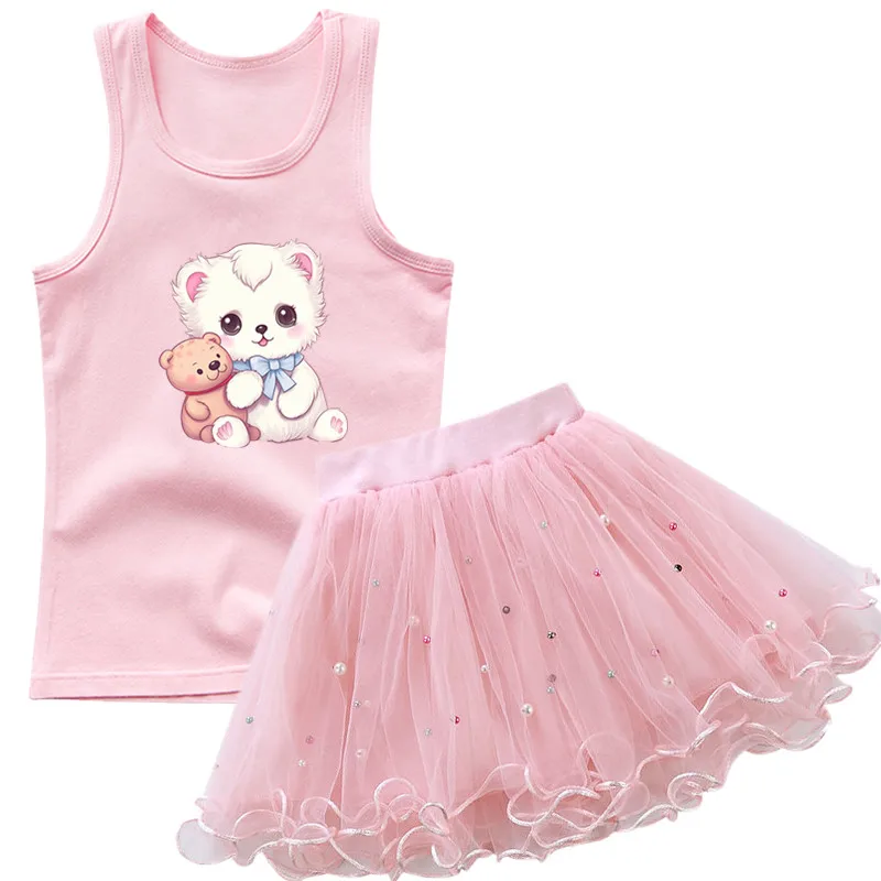 Girls Cute Bear Sleeveless T-shirt Outfits For Girls Cartoon Animal Tank Top +TUTU Skirt 2pcs kids party Birthday clothing Set