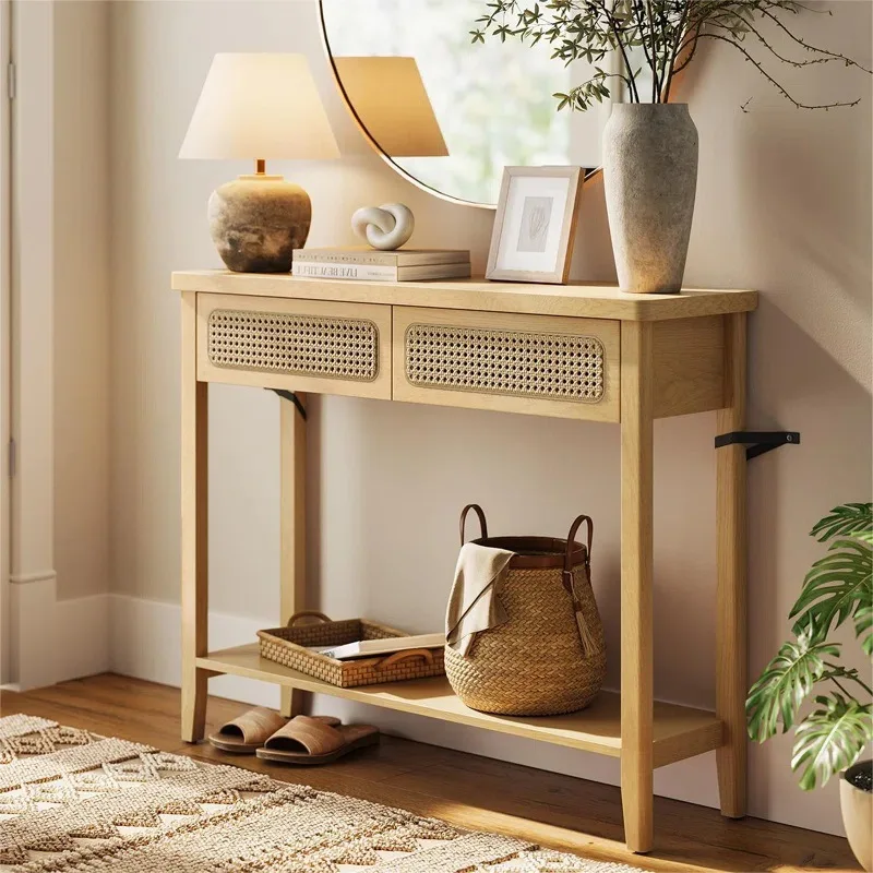 

Living room side table Natural color porch table with 2 drawers Fit entrance rattan porch table
