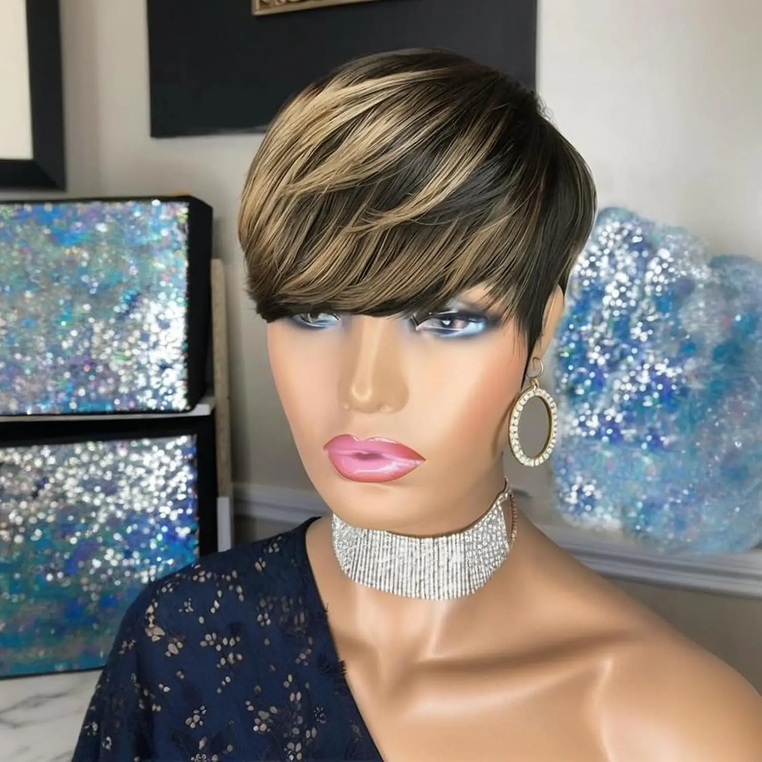 Short Pixie Wigs with Bangs Human Hair for Women P1B27 Straight Pixie Cut Wigs Full Machine Made Natural Black Color