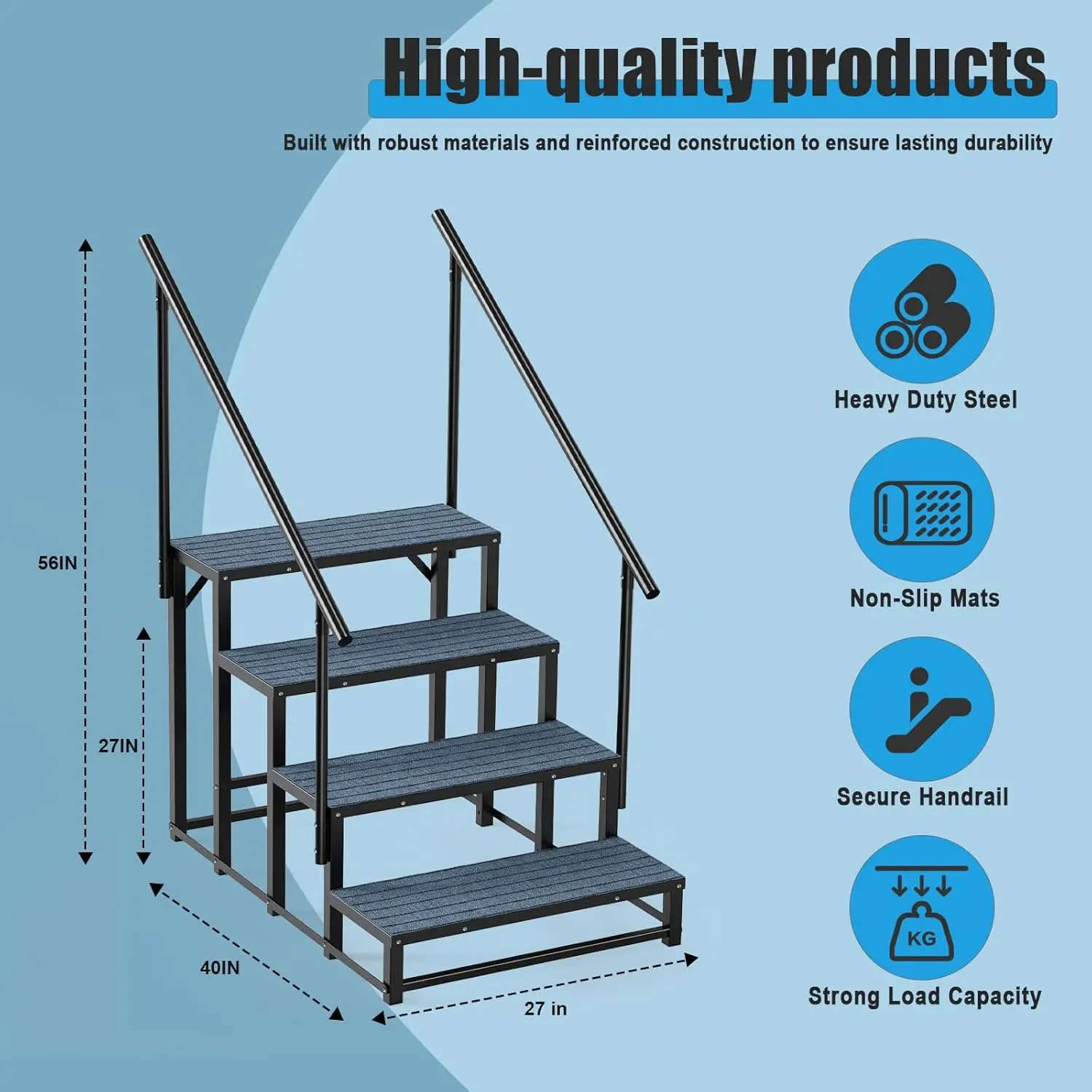 RV Steps 2 Handrail 4-Step Heavy Duty Waterproof Rectangle Hot Tub Steps Non-Slip Outdoor Spa Steps For RV Camper Trailer Mobile