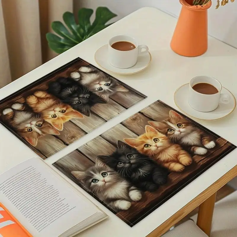 VIKAMA Placemat Cat Print Dining Table Mat Set for Kitchen Home Decor Cute Washable Place Mats