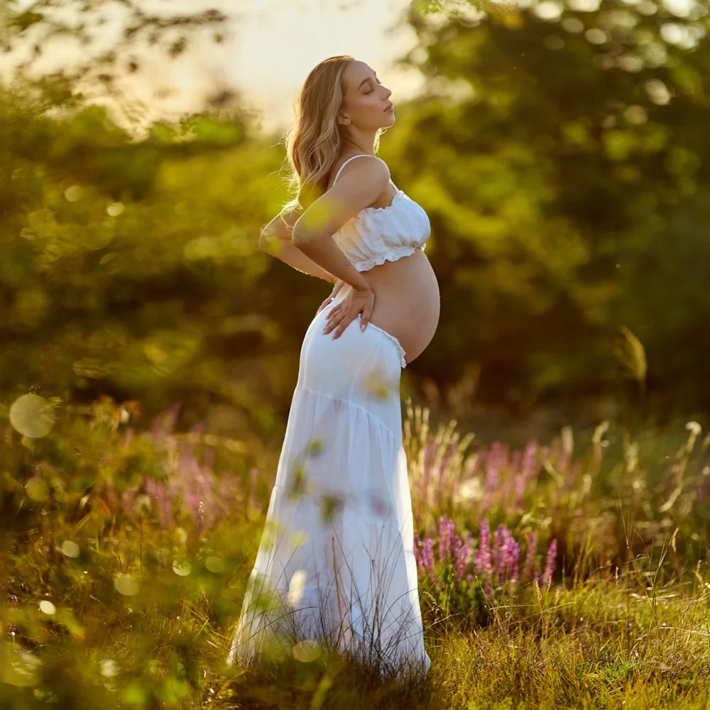 Maternity Photography Dress Soft Pure Cotton Pleated Edge Crop Top Maxi Skirt Women Casual Off-Shoulder Pleat Cake Skirt
