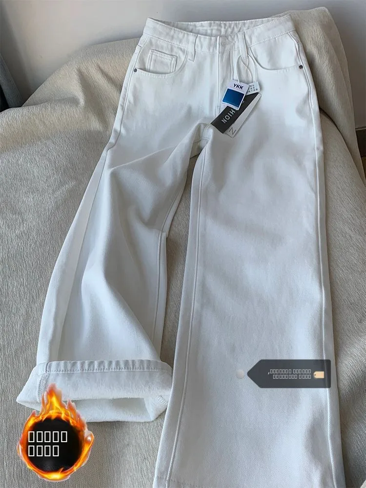 

Джинсы женские с высокой талией, на флисовой подкладке, прямого кроя, больших размеров, винтажные, широкие брюки, осенне-зимние, свободного кроя, стройнящие