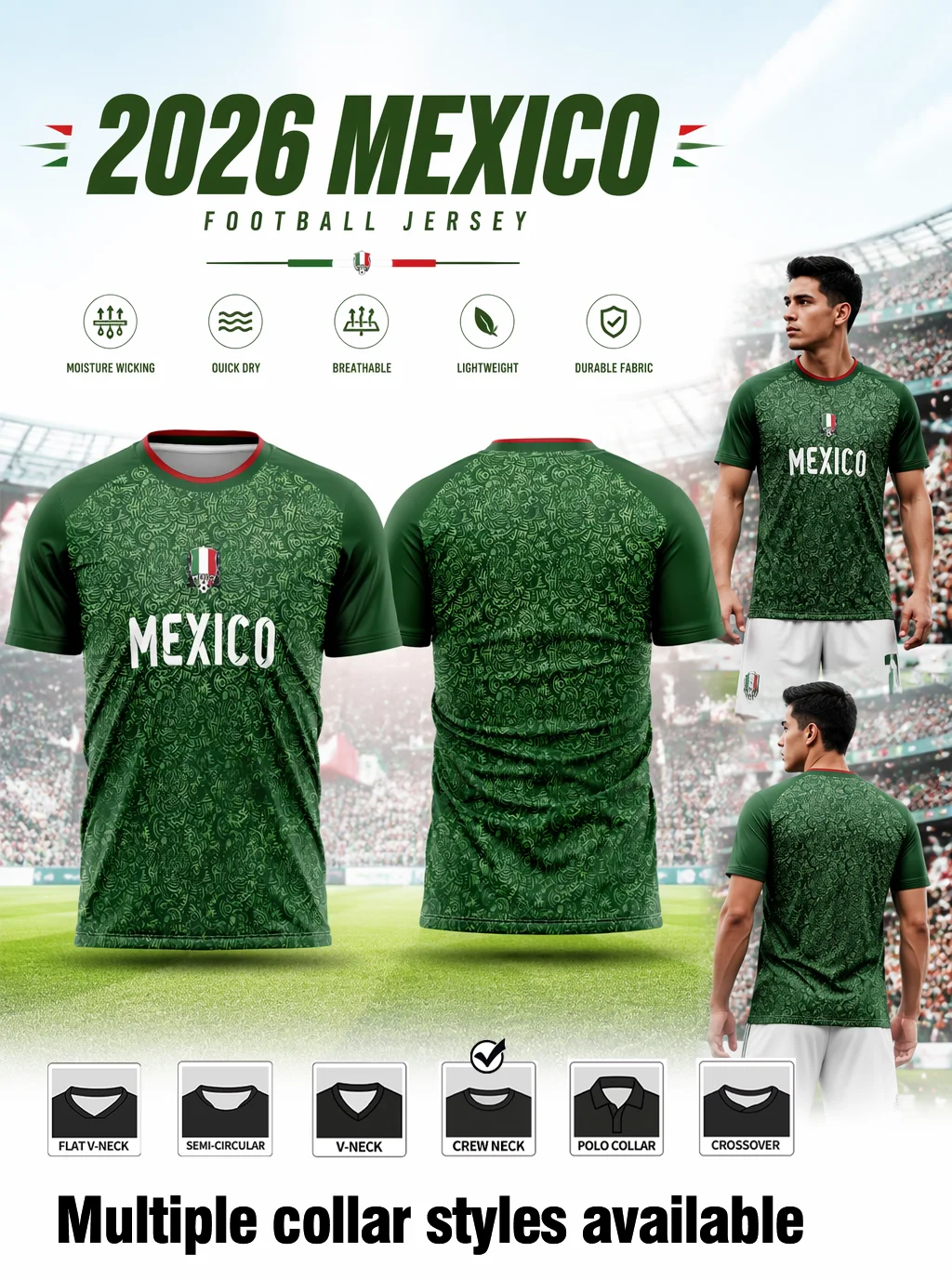 Mexico themed football jersey,raglan short sleeves,full ethnic subtle pattern,moisture‑wicking fabric,athletic fit
