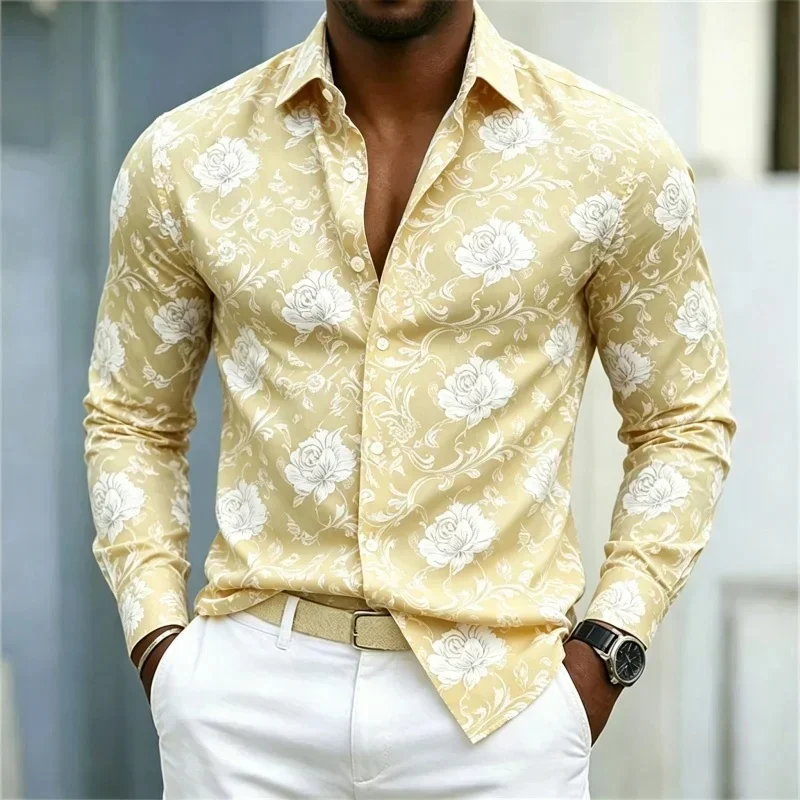 2026 new 3D men's shirt European and American style red rose floral shirt men's slim fit long sleeved vacation casual style
