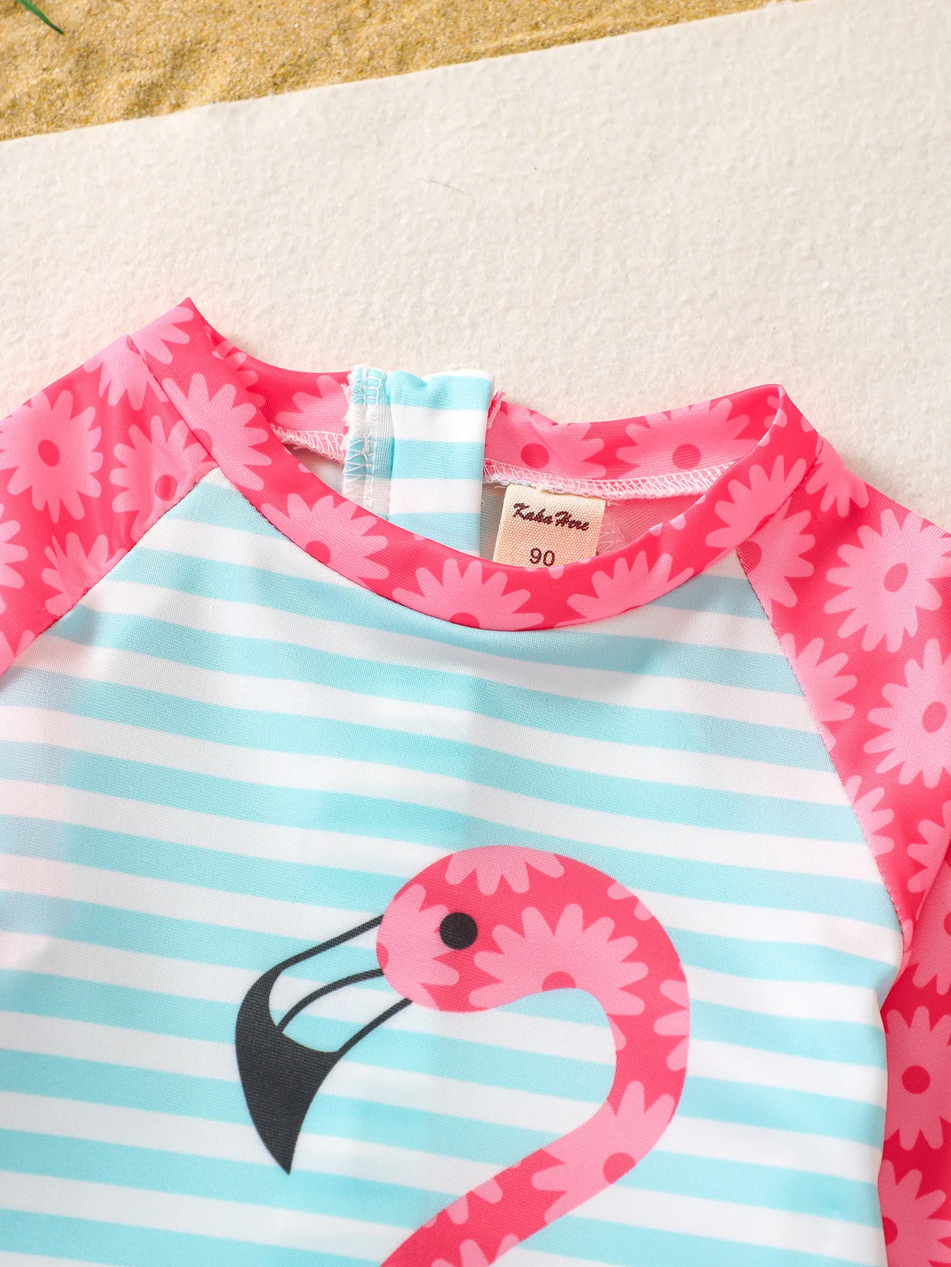 Girls One Piece Cute Swimsuit Cartoon Flamingo Print Colorblock Long Sleeve Comfy Trendy Swimwear