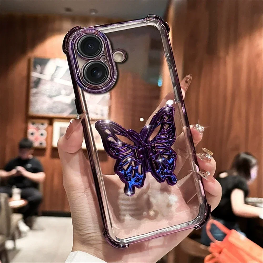 Transparent Butterfly Holder Anti Drop Cover For iPhone 16 15 14 Plus 13 12 11 Pro S MAX XR 7 Shockproof Protection Phone Case
