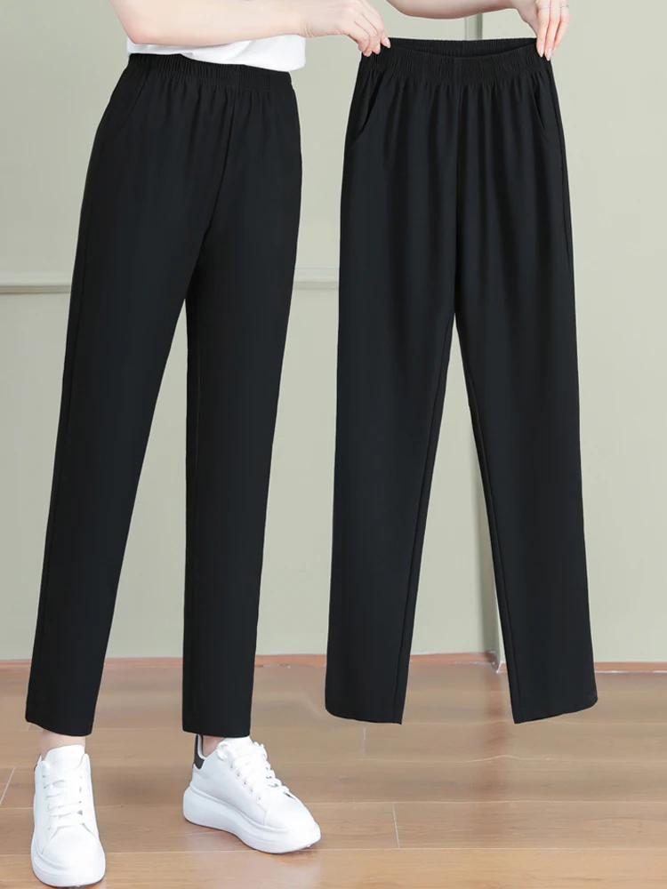 

Легкие спортивные брюки из ледяного шелка для женщин, летние, тонкие, прямые, больших размеров, свободные, укороченные (до щиколотки), повседневные, с высокой талией, эластичные