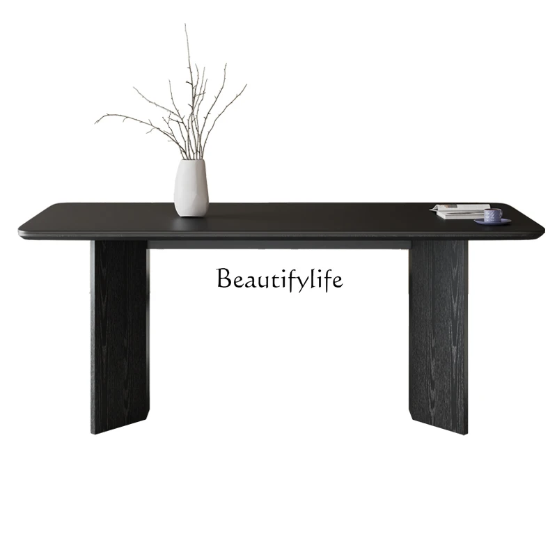 01French modern solid wood rectangular dining table living room new black rock slab home simple