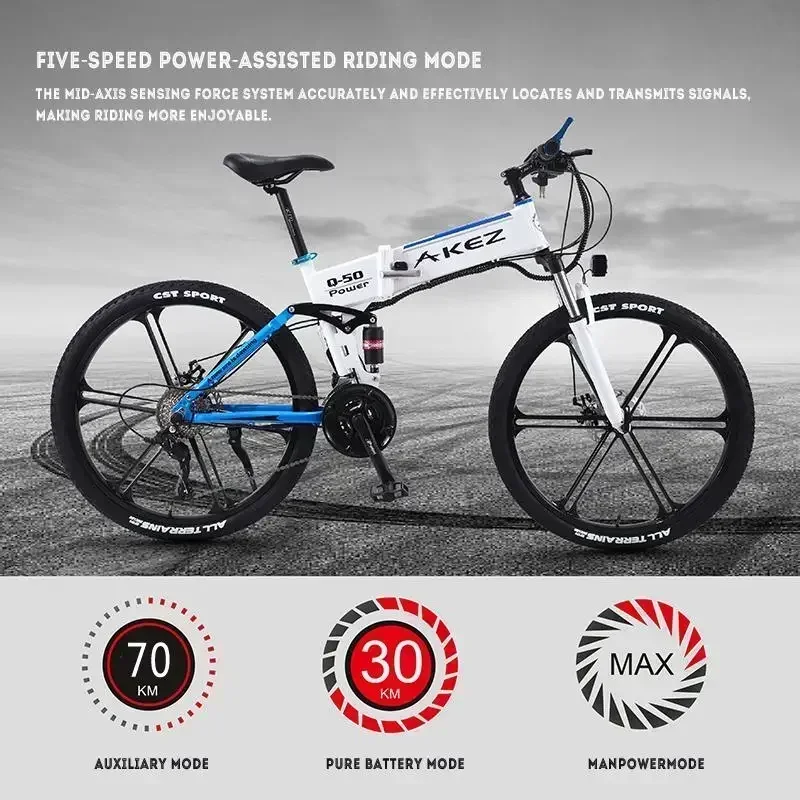 AKEZ Electric bicycle 1000W Motor 48V10.4AH Lithium battery Folding E-Bike 26 inch Tire mountain snow adult Electric Bike image 8