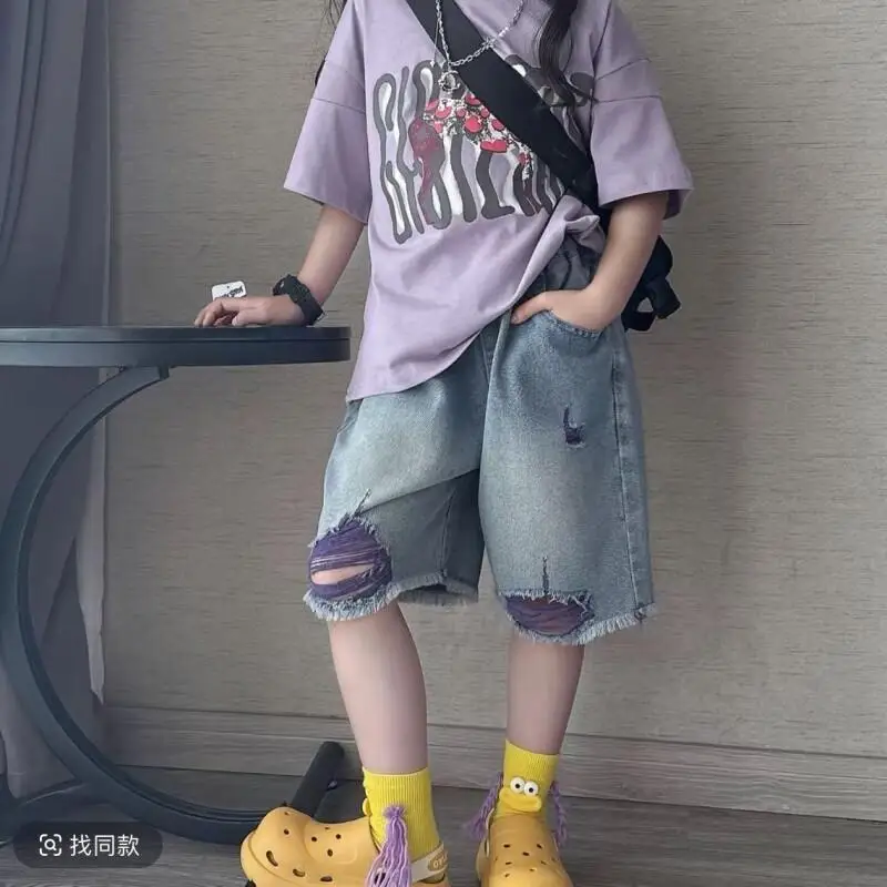 Kawaii Girls Summer 2025 Two Piece Set Loose Short Sleeve Ripped Jeans Outfit for Older Kids Trendy Casual Clothing Pants