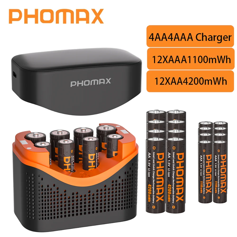 PHOMAX Lithium Ion Battery 8 Slots AA/AAA Charging Charger 1.5V 4200mWh/1100mWh Rechargeable Batteries For Flashlight Microphone